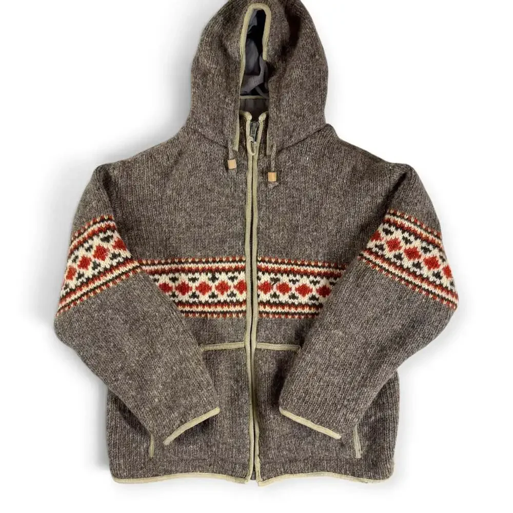 Laundromat Men's Fair Isle Pattern Hand-Knit Wool Full-Zip Hoodie with Fleece Li